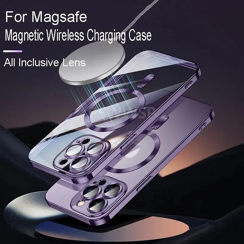 Luxury Plating For Magsafe Case For iPhone 16 15 14 13 12 11 Pro Max Wireless Charger Magnetic Soft Cover Camera Lens Protector