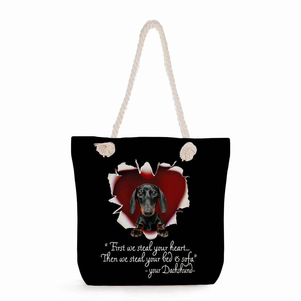 Sausage dog print thick rope single-shoulder beach bag 7274 CLE