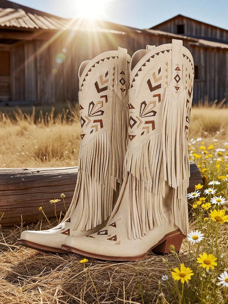 

Embroiderd Women Mid Calf Tassels Western Pointed Toe Chunky Heels Comfortable Fringe Retro Booties Shoes 39