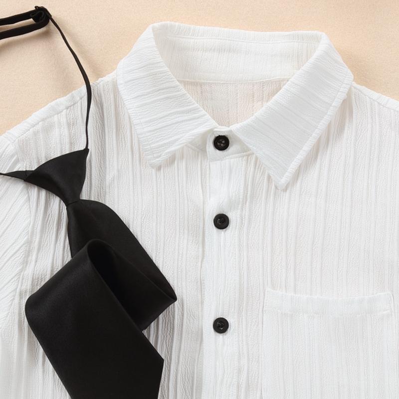 Skjorte for studentuniform med slips Gutter Langermet Hvit Skjorte Gutter Bølgepappbluse med Elastisk Slips Topp