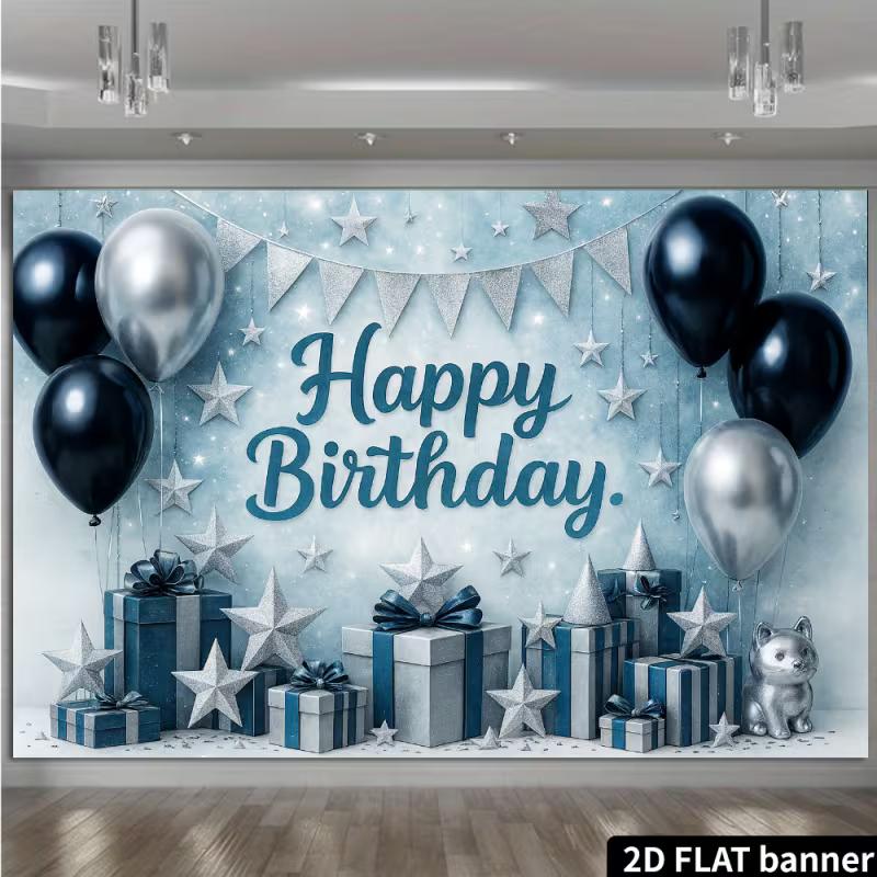 2D Modern Blue Silver Black Happy Birthday Party Background