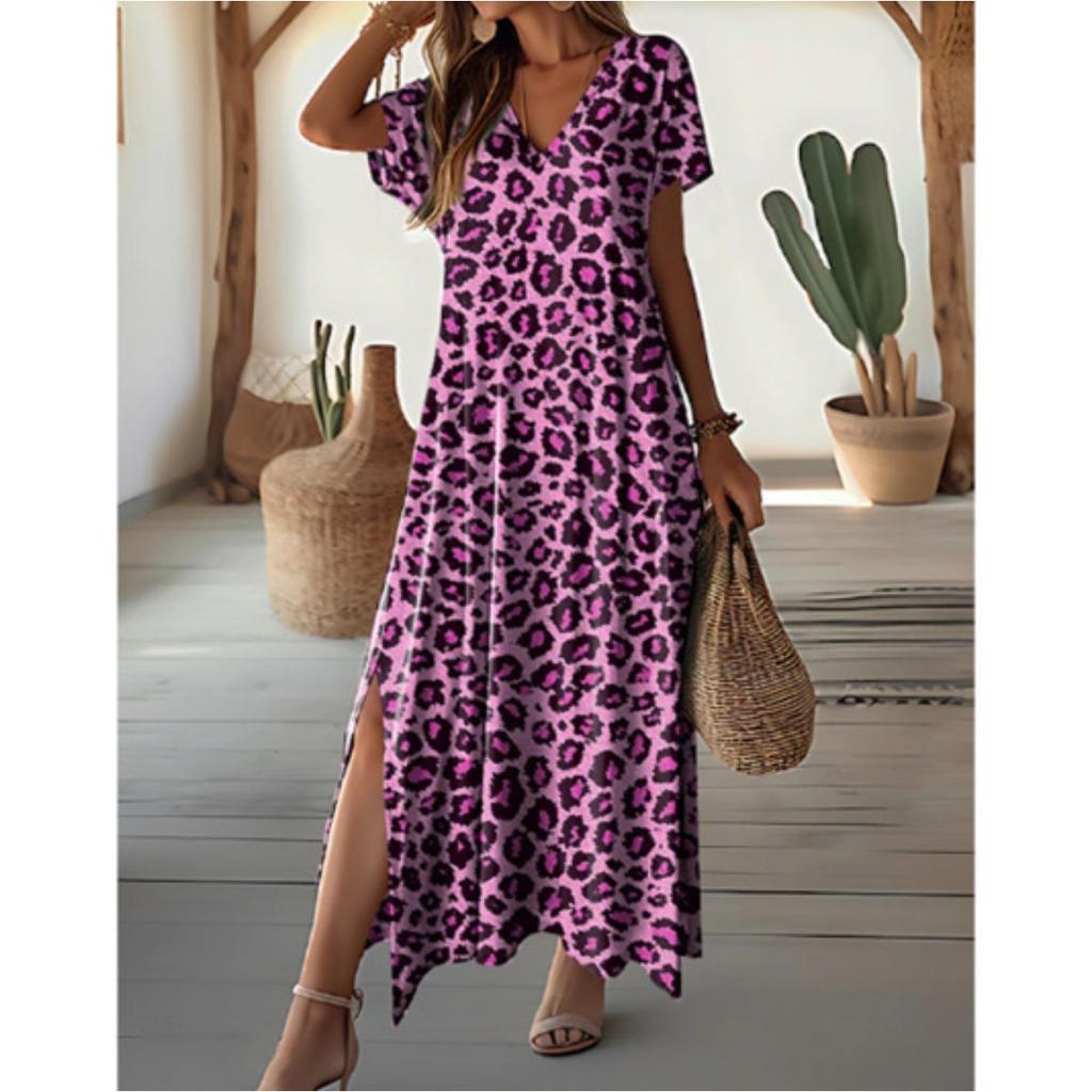 Summer Women's Crew Neck Short Sleeve Printed Maxi Dress, Casual Ladies Long Dress for Women European American Crossbody Apparel