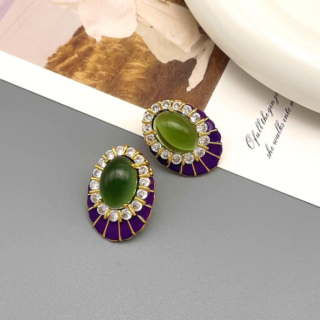 Vintage High-End Zircon Enamel Stud Earrings - Retro Light Luxury Jewelry for Women