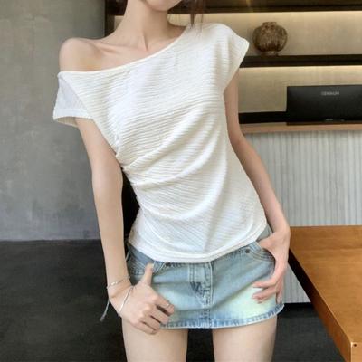 Women Summer Cropped T-Shirt Off Shoulder Sexy Slim Fit Short Sleeves Tops Fashion Sensibility Design Solid Elegant Clothing