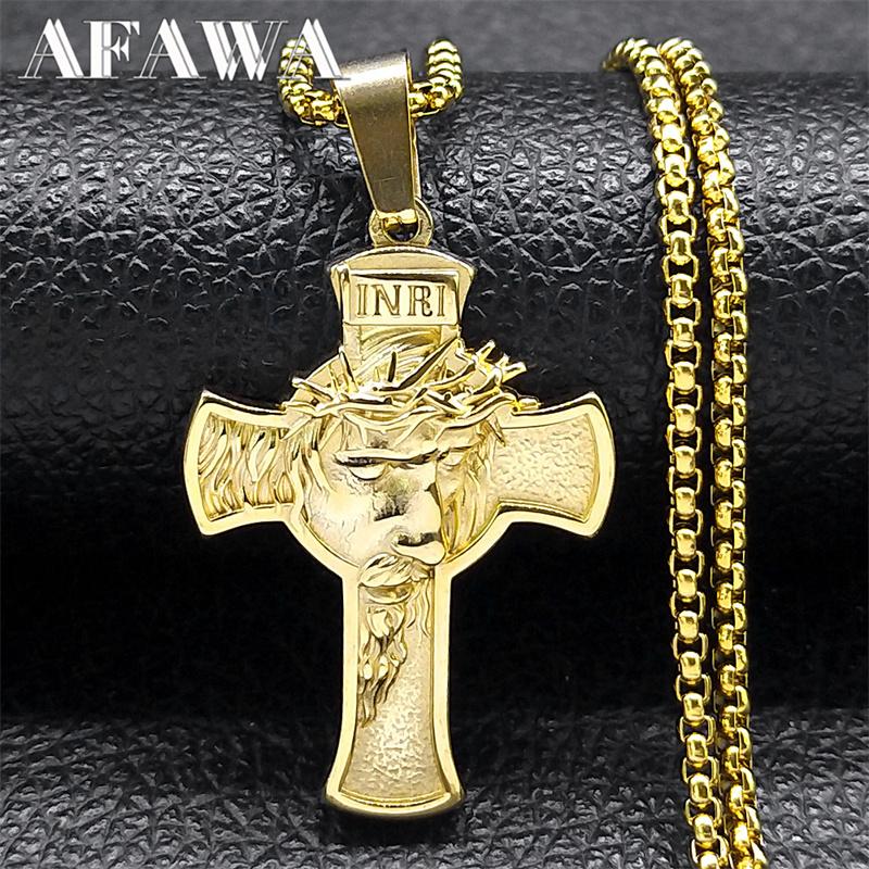 Vintage INRI Crucifix Jesus Cross Necklace for Men Women Stainless Steel Gold Color Christian Chain Gift Jewelry colar NZZ469S02