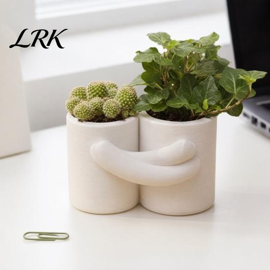 Vaso per Atmosfera Curativa Design Abbraccio Fioriera, Texture Bianca Opaca Stampata 3D Doppia Vasca Minimalista Fioriera per Piante, Stile Nordico Piccolo Verde