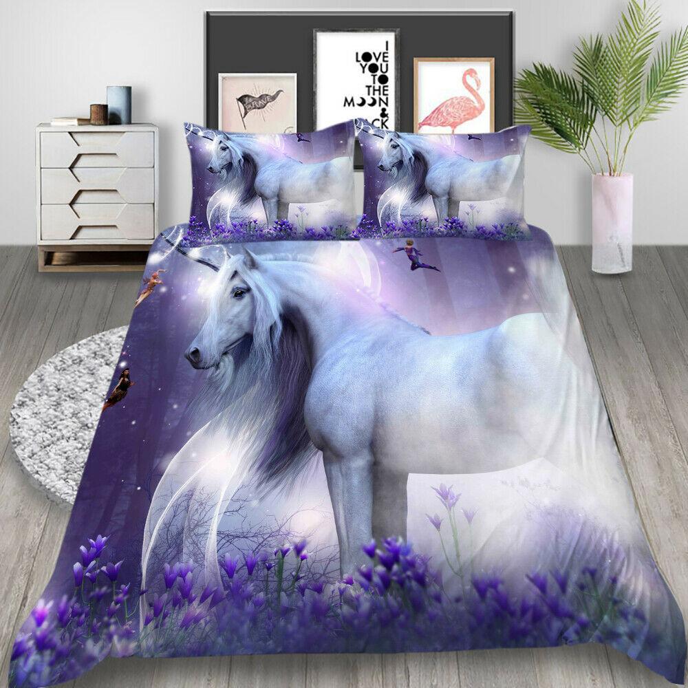 Pink Unicorn Flowers Duvet Cover Set King Queen Double Size Polyester Comforter Cover With Pillowcase For Kids Girls Bedding Set