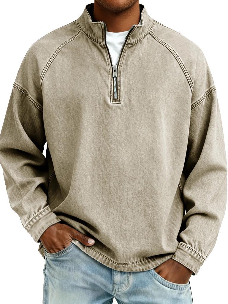 Men's Washed Solid Color Pure Cotton Hoodie with Stand-Up Collar and Half-Zip Closure for Autumn/Winter