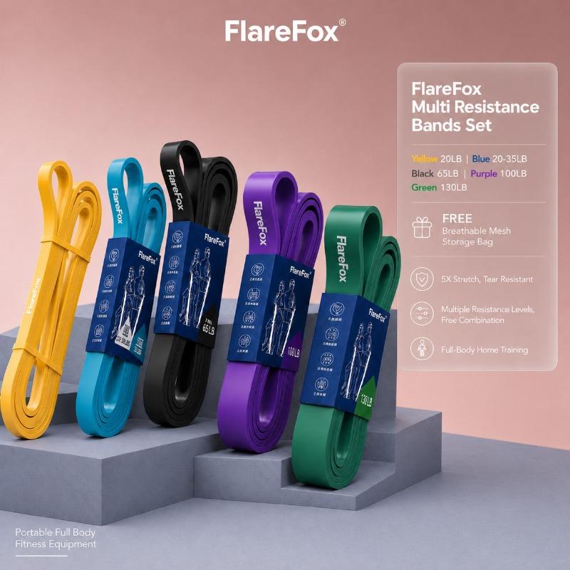 FlareFox Multiple Resistance Bands Set Pull-up Assist Straps Strength Agility Training Handy Gym Equipment for Home CrossFit 3