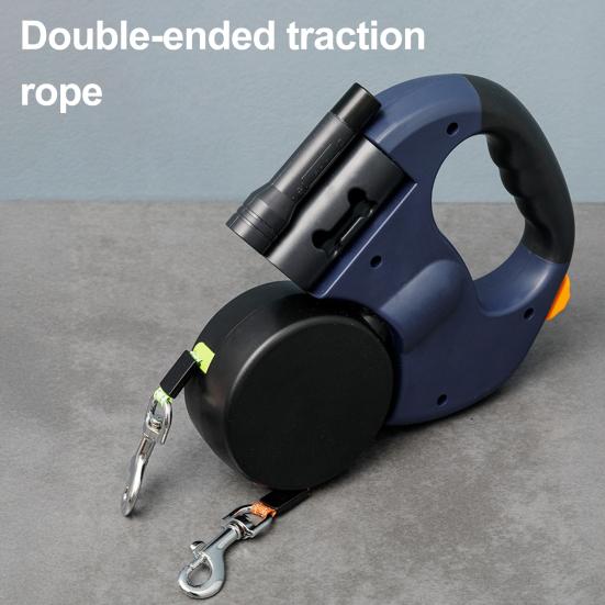 Dual Retractable Dog Leash Double Headed 16ft Extendable Lead with Poop Bag Dispenser And LED Light for 2 Small Dogs Up To 5kg