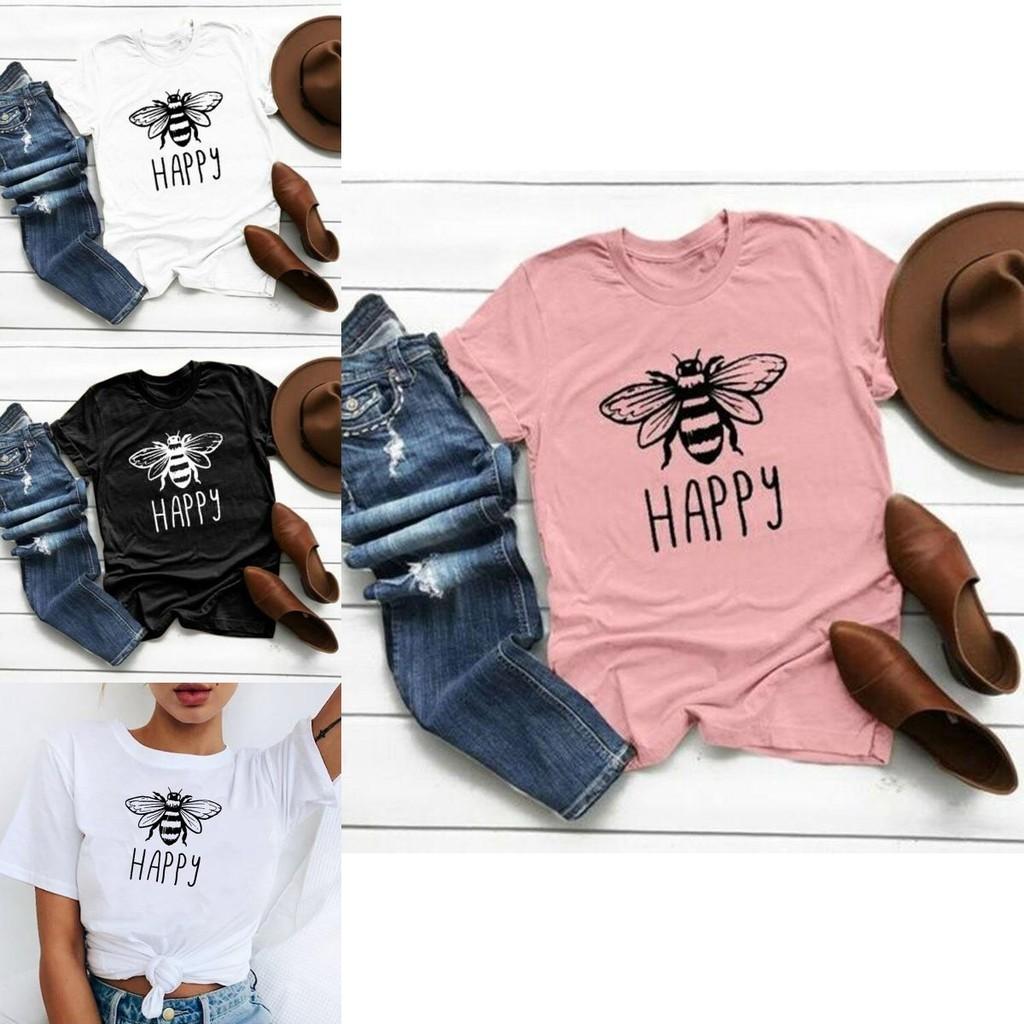 Funny Bee Letter Print Women T Shirts Loose Soft Short Sleeve Graphic Tee Summer