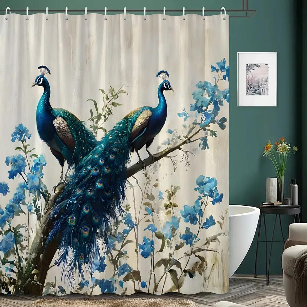 Beautiful Peacock Shower Curtain Blooming Flower Botanical Watercolour Artistic Creation Polyester Shower Curtain Bathroom Dec