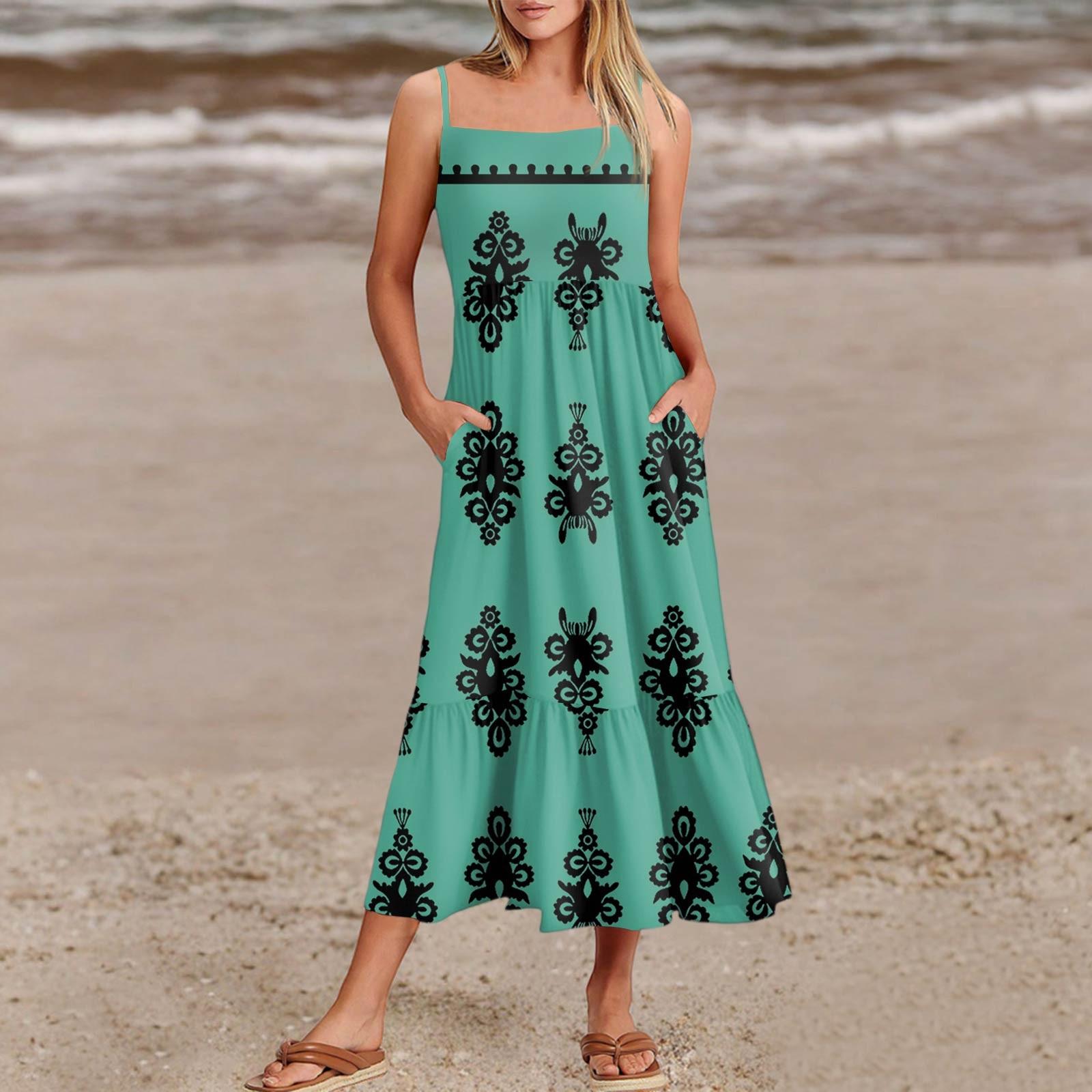 

Women s Summer Spaghetti Strap Patchwork Beach Vacation Vintage Dress With Pockets XL