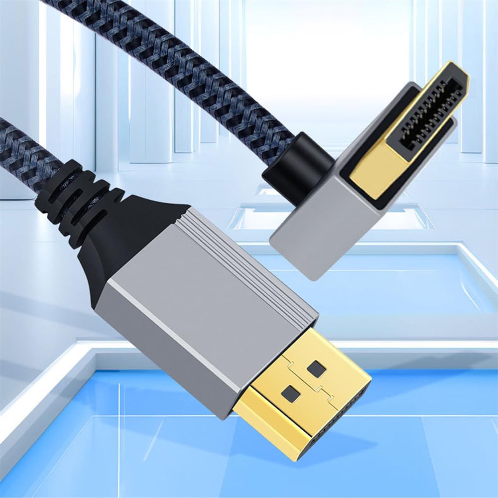 NFHK 2M Abgewinkelt DisplayPort DP zu DP 4K Silber Ultra HD UHD 90 für und Grafikkarten Kabel, 60Hz, Gesleevt, Grad, Desktops, Laptops, Monitore,