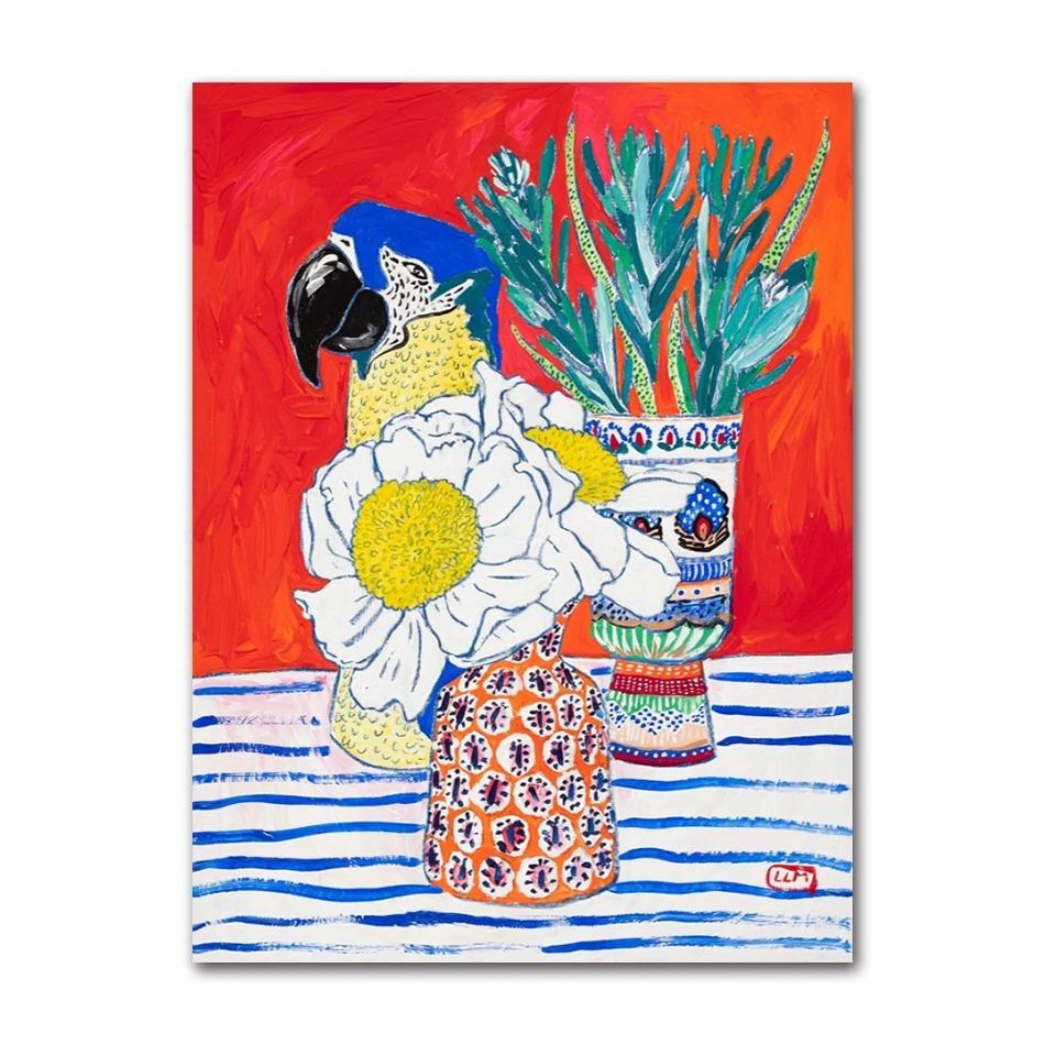 Nordic Flower Leaf Colorful Vase Art Print Wall Poster Canvas Painting Retro Picture Modern Home Decor Bedroom Decoration