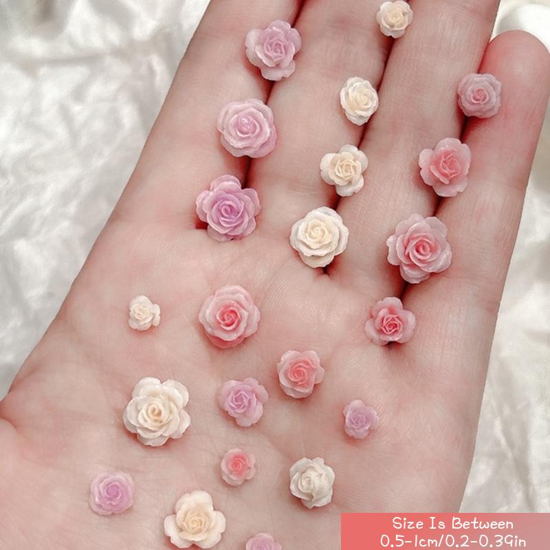 50Pcs Diy Nail Art Decor 3D Rosa Chinensis Flower Rose Flower Nail Drills Mixed Size Camellia Flower Nail Drill Manicure Design