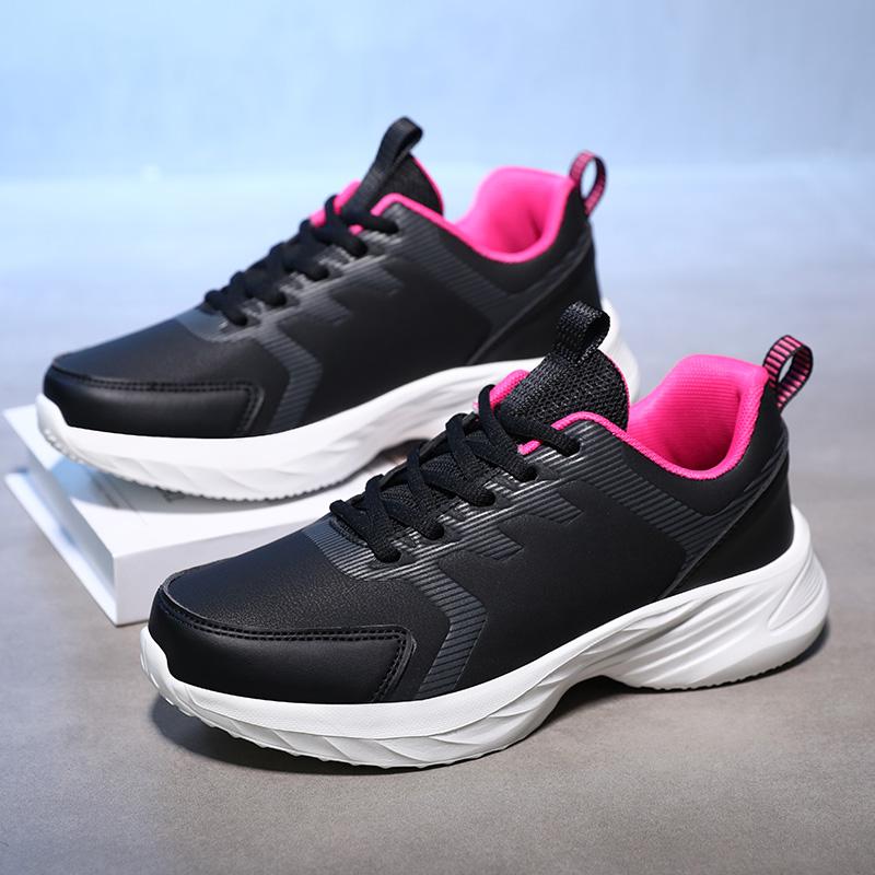 Waterproof Leather Chunky Sneakers for Women, Running Shoes Casual Sports Shoes Black Trainers Autumn Spring