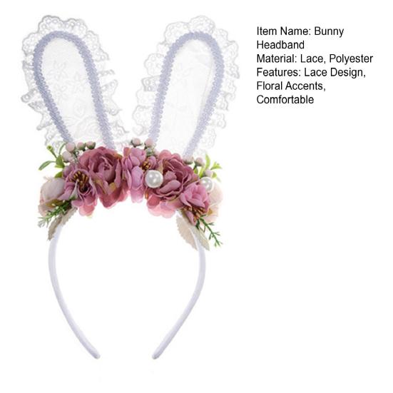 Bunny Headband Lace Bunny Ear Design Hair Hoop with Colorful Artificial Flowers Forest Style Easter