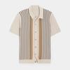 Summer Men Shirt Lapel Striped Single-breasted Cardigan Loose Short Sleeves Color Matching Knitted Stretchy Mid Length Formal Business Top
