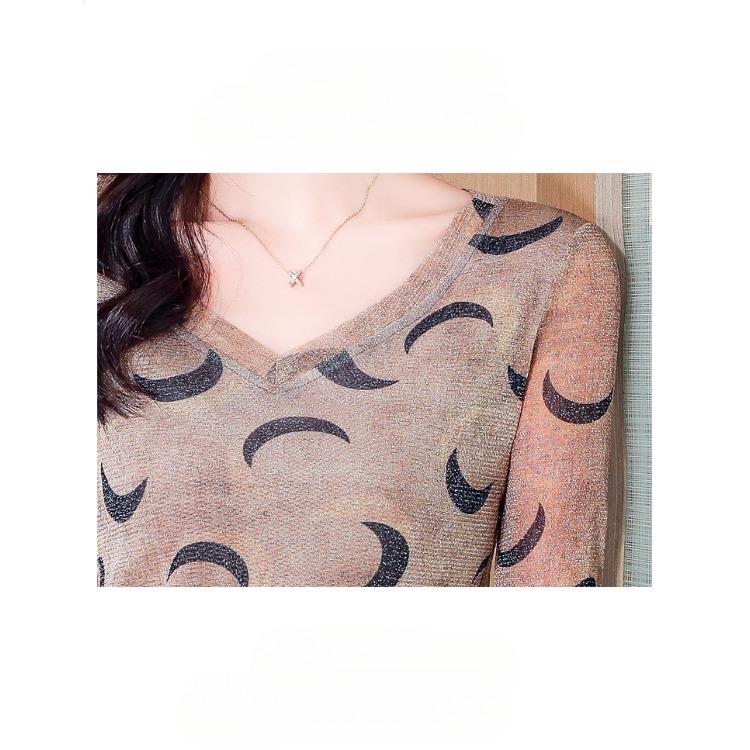 Modieus Herfst Bedrukt Zilveren Mesh Lange Mouw V-Hals Slim Fit Shirt