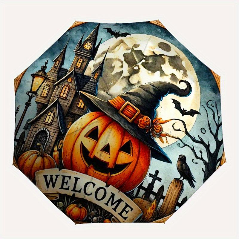 Halloween Welcome Sign with Witch Hat PumpkinFull Moon DecorUmbrella, Portable 3-Fold Compact Umbrella for Men & Women Gift