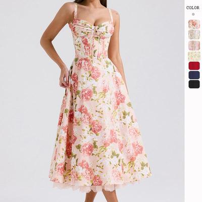 Robe débardeur d'été florale style français européen et américain – Robe longue florale douce et amincissante