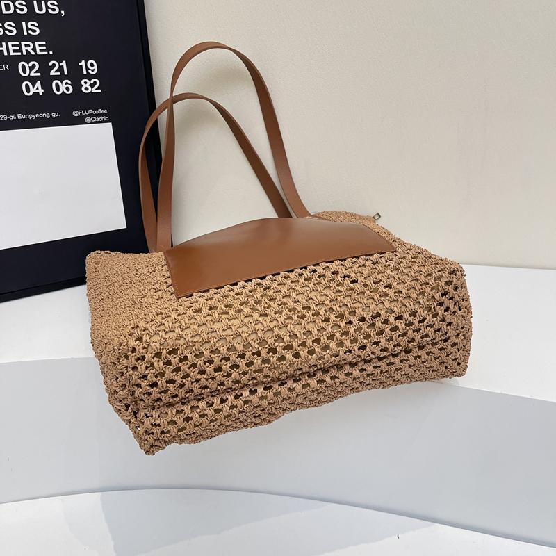 Woven Tote Bag for Women Summer Beach Handbag with Faux Leather Strap Fashion Casual Carryall