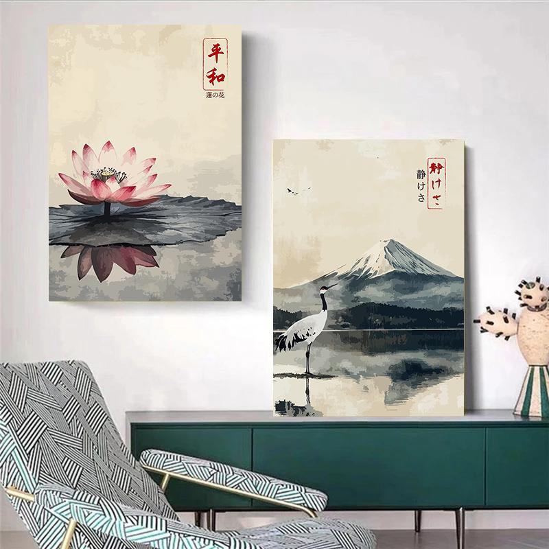 Japanese Vintage Posters Crane Mount Fuji Prints Lake Fishing Lotus Flower Canvas Painting Wall Pictures Home Living Room Decor