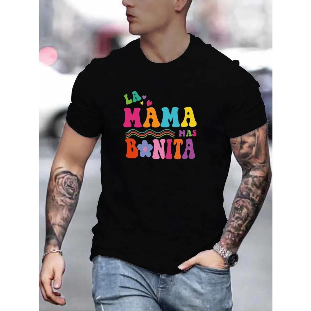 'La mama bonita' Print T-Shirt for Men's Casual Crew Neck Short-Sleeve Fashion Summer T-Shirt