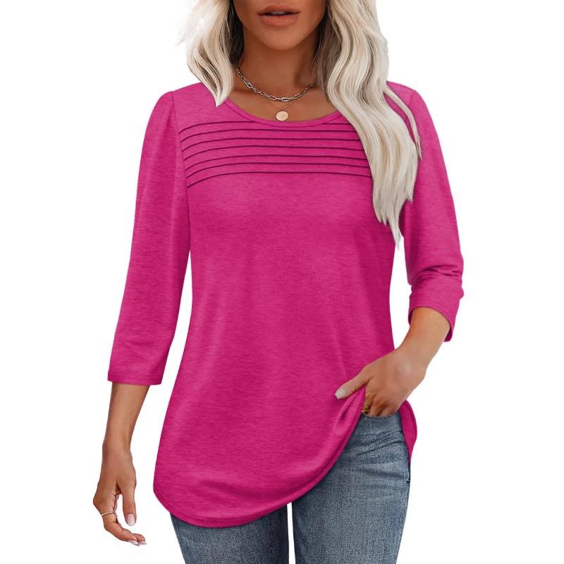 Autumn Round Neck Seven Quarter Sleeve Pleated Top Women's T-shirts