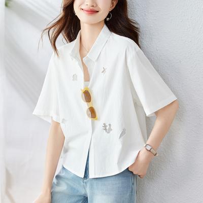 Hollow Short-sleeved Shirt for Women In Summer New Korean Style Loose Age-reducing Versatile Embroidery Fashionable Shirt for Women