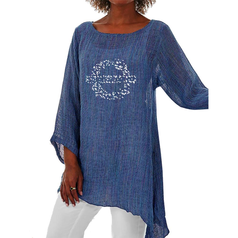 Dámské jaro a léto tenká dlouhá košile Dámské ležérní top Móda s 3/4 dlouhým rukávem Potisk Velké velikosti s kulatým límečkem Volná košile