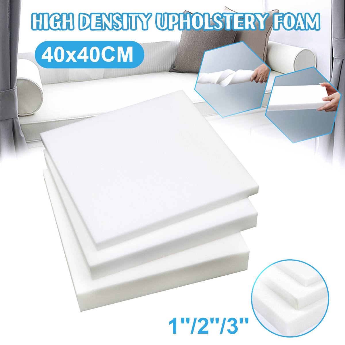 

40x40cm High Density Seat Cushion Memory Foam Rubber Replacement Polyurethane Upholstery Soft White Firm Sheet Mat Pad Pillow Thick 2.5cm