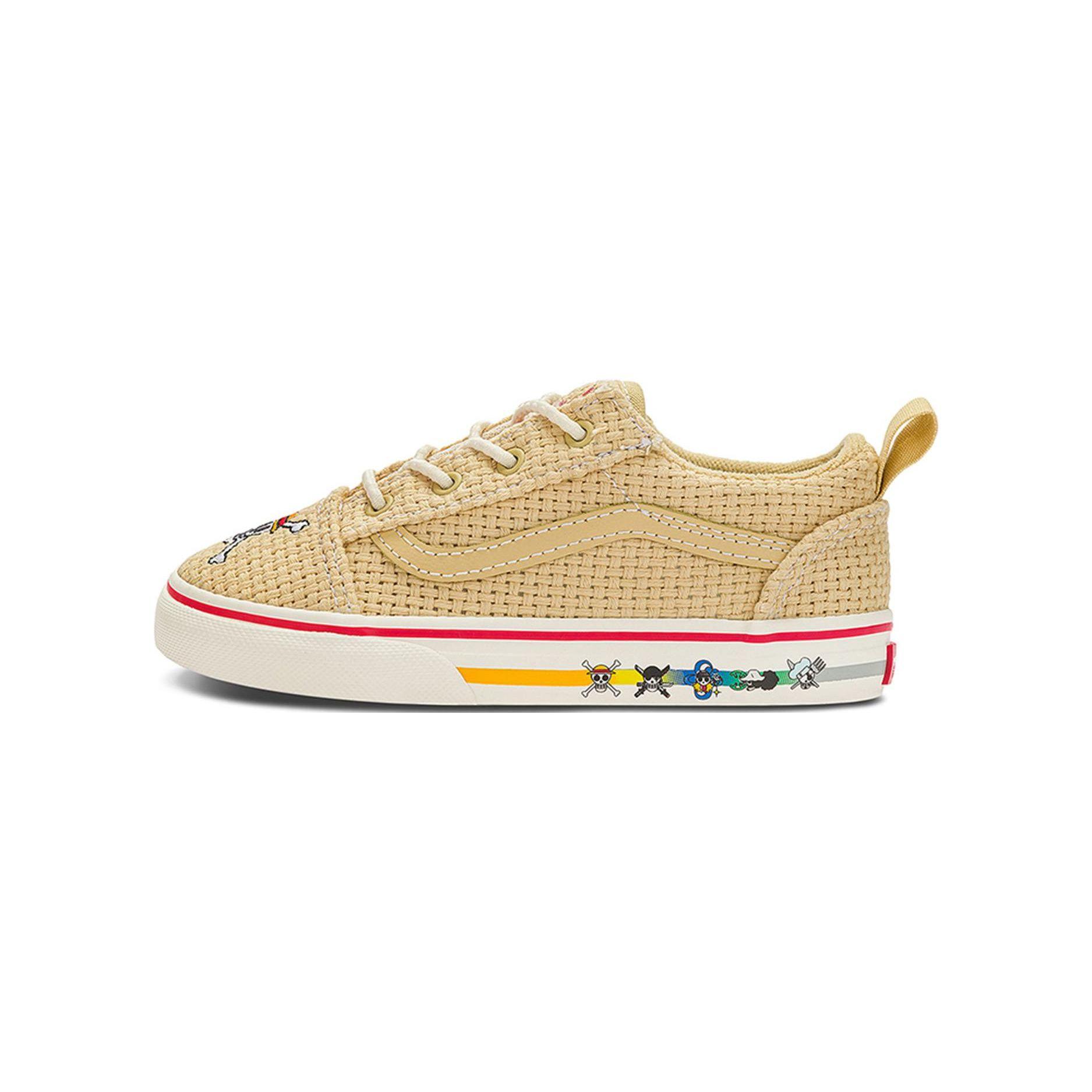 Vans One Piece × Old Skool Эластичная шнуровка Повседневные Прочные Нескользящие Низкие Ходячие кроссовки Детские кеды Бежевый Красный VN0A4TZOBMB 25