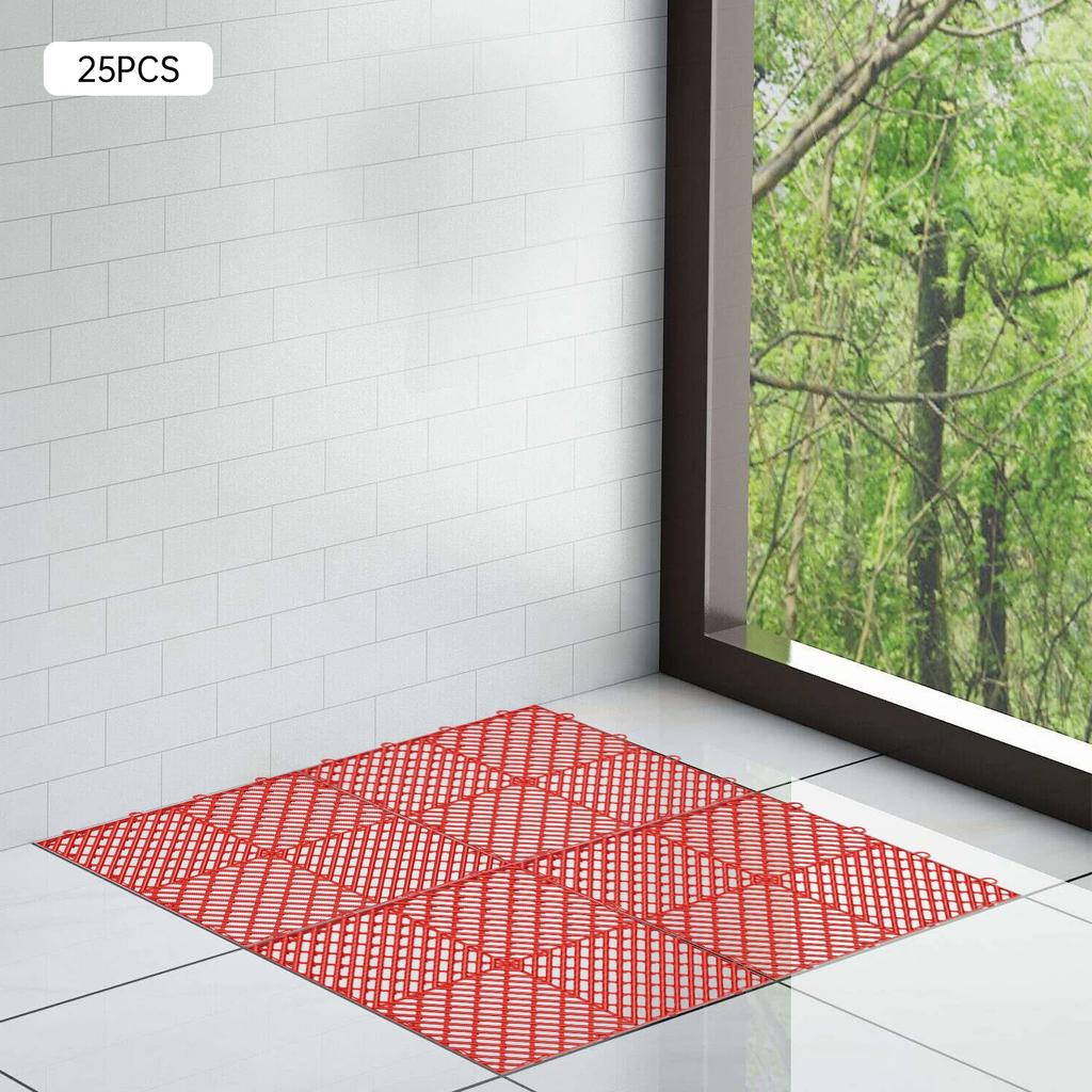 25PCS Red Tiles Interlocking,12x12x0.5Inch Drainage Floor Accessories W/ High Load Bearing,Nonslip Deck Flooring for Pool Shower