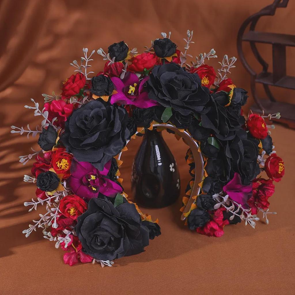 Quanzhou Hanfu Silk Flower Hairpin Headband - Dark Series Floral Crown
