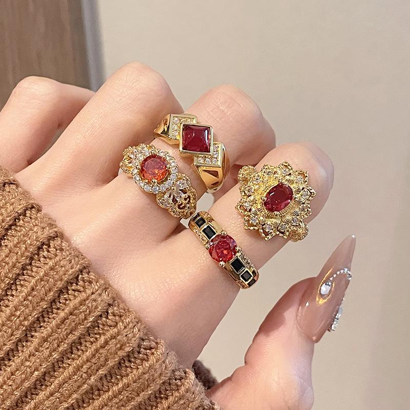 French Italian Weave Gold Carving Process Red Zir*****Pen Ring Brushed Light Luxury Heavy Industry High Sense Ring