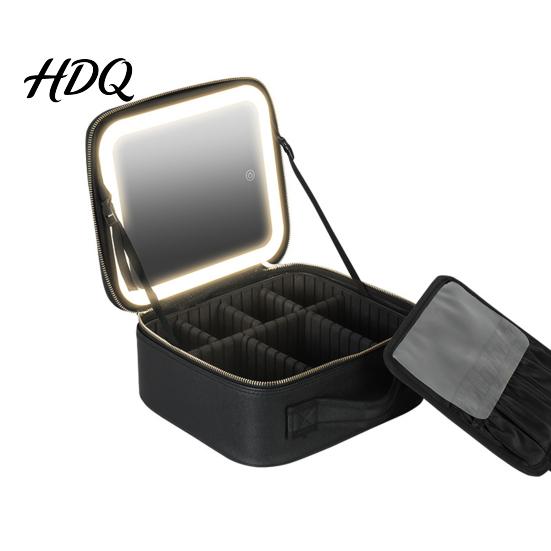 Makeup Bag with LED Mirror USB Charging Case Rechargeable Adjustable Dividers Travel Cosmetic Light-up 3 Color Lights
