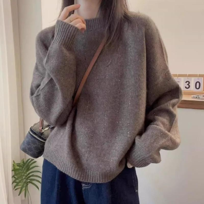 Crew Neck Sweater for Spring & Autumn Outer Wear Loose Pullover Solid-Color Wool Sweater for Autumn & Winter Base Layer Knit Top