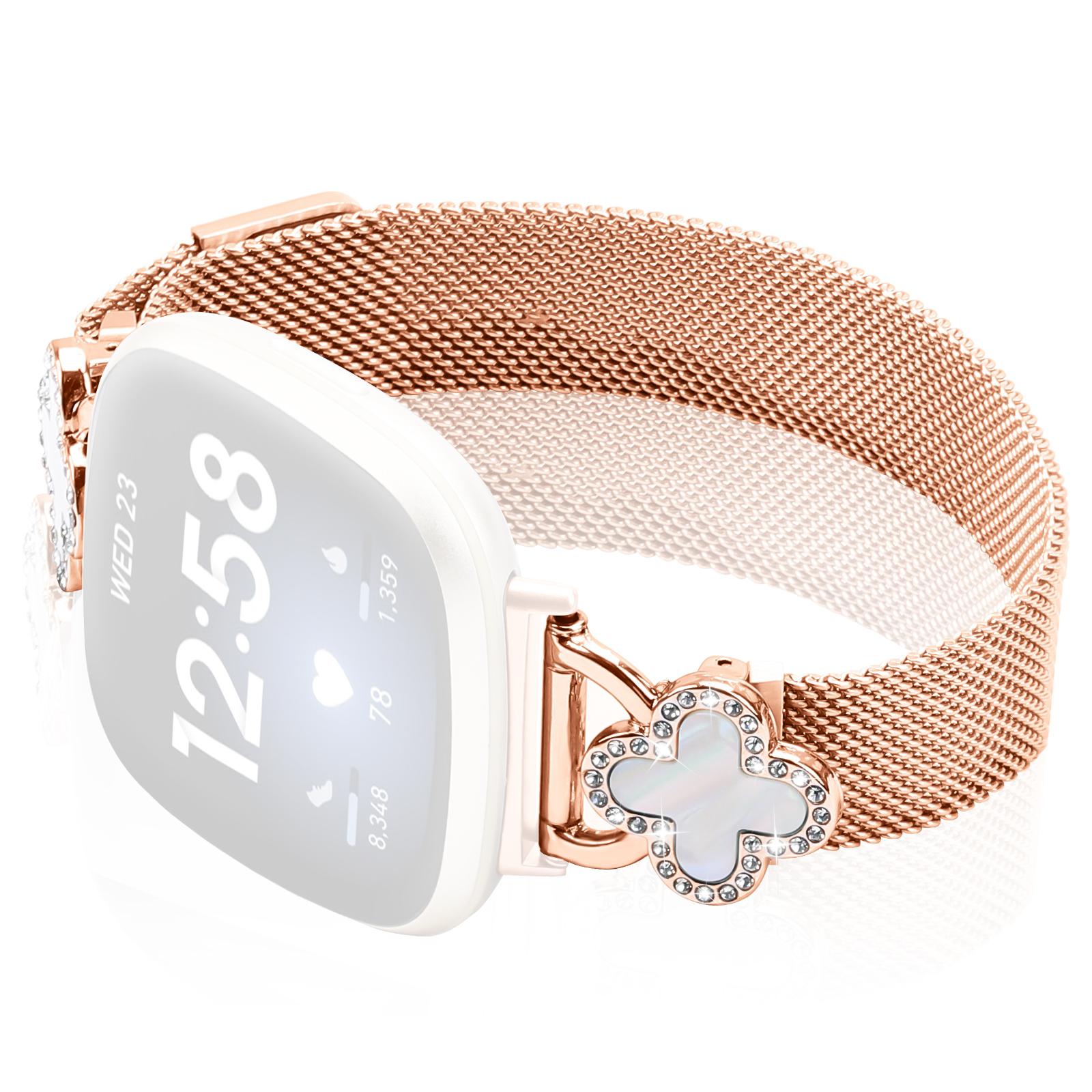 

For Fitbit Versa 3/Sense Milanese Band Electroplated Stainless Steel Watch Strap with Clover Connector, Size: L B