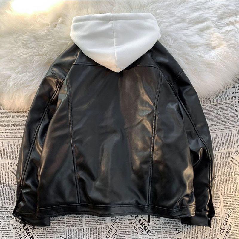 Y2k Fake Two Piece Hooded Leather Jacket Women's Autumn Winter New Ins Fashion Design Coat American Retro Casual Loose Couple Clothes