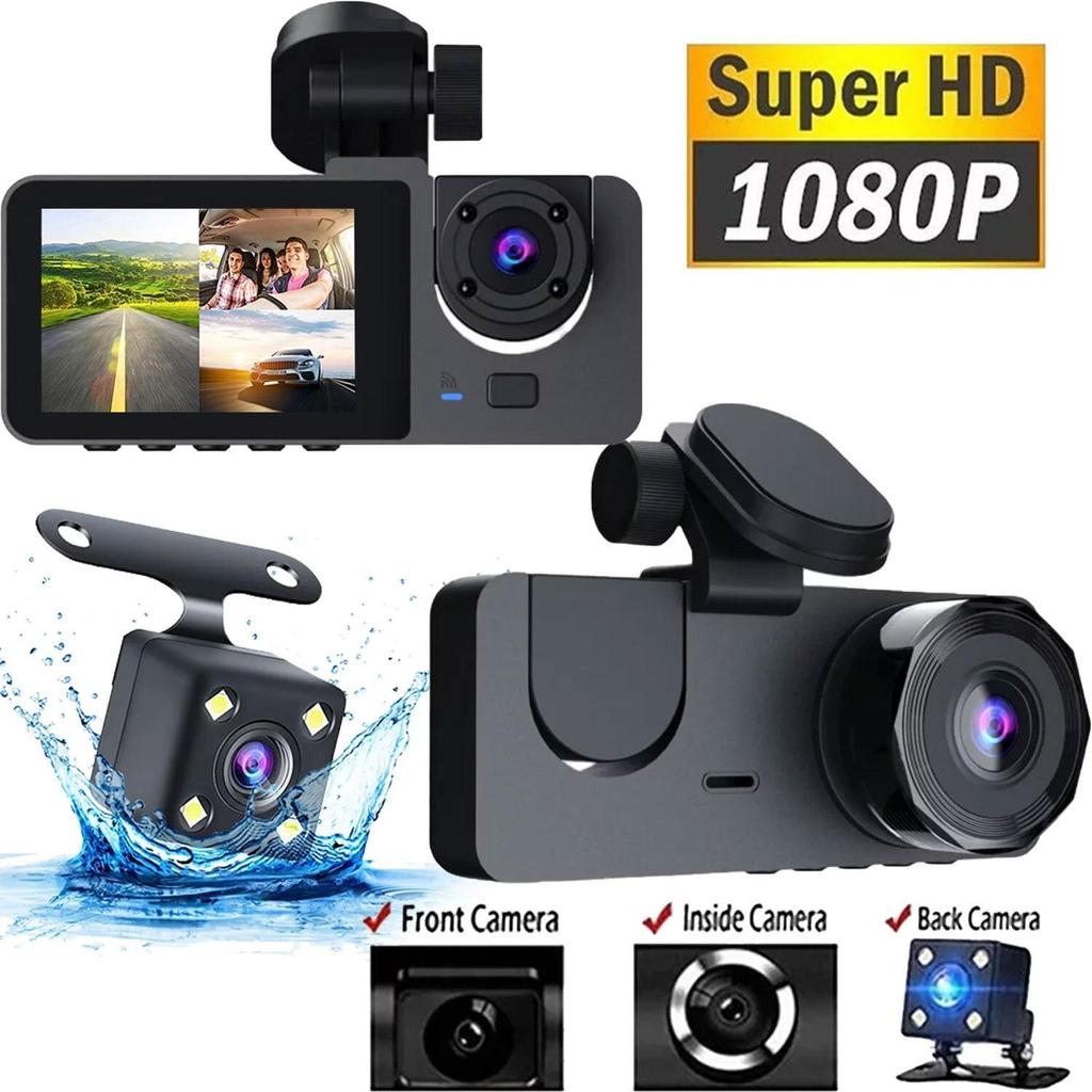 DVR para automóvil HD 1080P con 3 lentes para tablero de instrumentos, cámara de tres vías, grabadora de video, videocámara para tablero de instrumentos, pantalla IPS de 2.0 pulgadas y cámara trasera