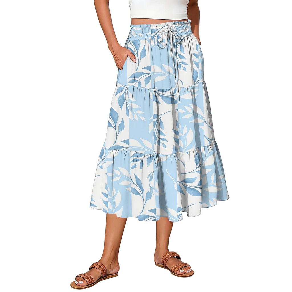 Womens Maxi Skirt Drawstring High Waisted Summer Long Skirts Lightweight Tiered Flowy Floral Pleated Skirts