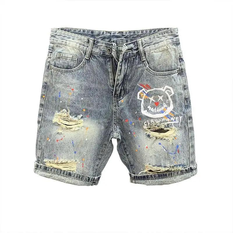 

Мужские джинсовые шорты с графическим рисунком в стиле хип-хоп, разноцветные короткие джинсовые брюки для мужчин, корейская мода, винтажные тонкие трендовые летние шорты размера Xl 33
