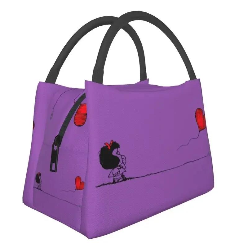 Mafalda And Flowers Portable Lunch Boxes for Women Leakproof Quino Kawaii Cartoon Cooler Thermal Food Insulated Lunch Bag