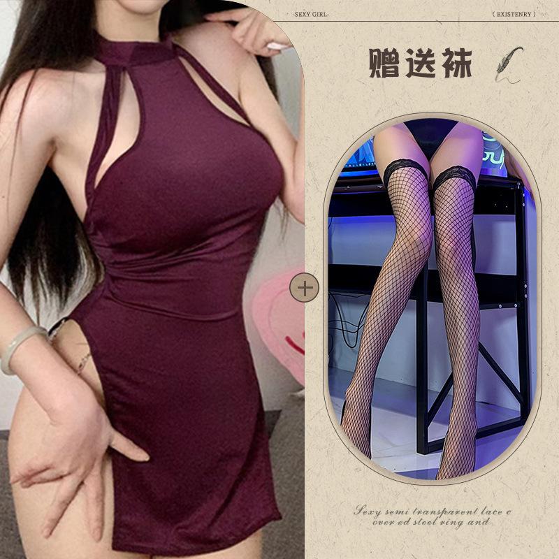 Sexy lingerie women's backless temptation neck-hanging slim women's suspender nightgown pure desire without uniform