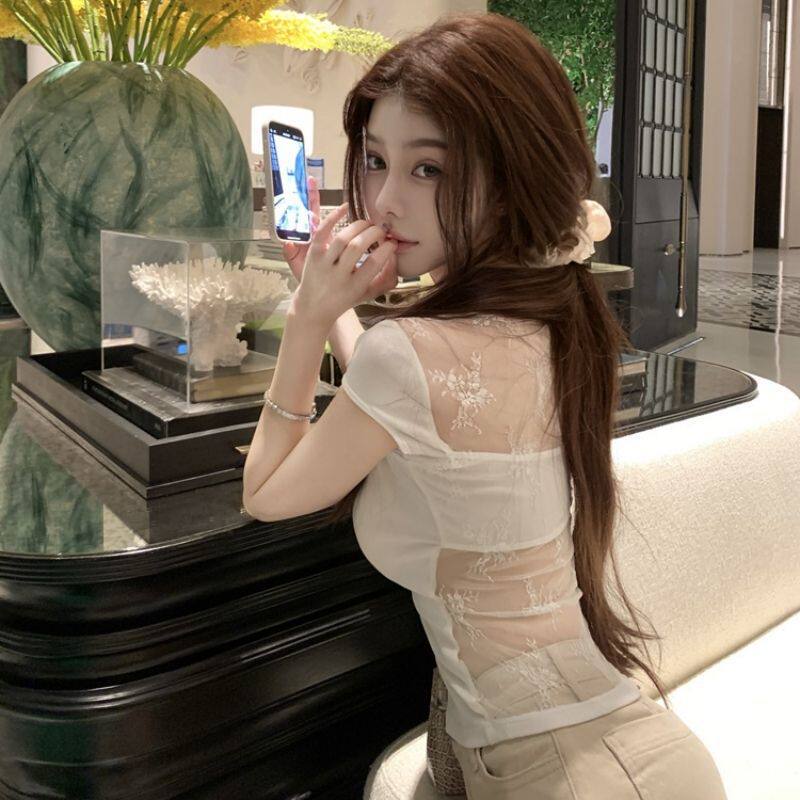 French sweet and spicy style white lace short-sleeved T-shirt women's summer slim and thin design pure desire Spice Girl top
