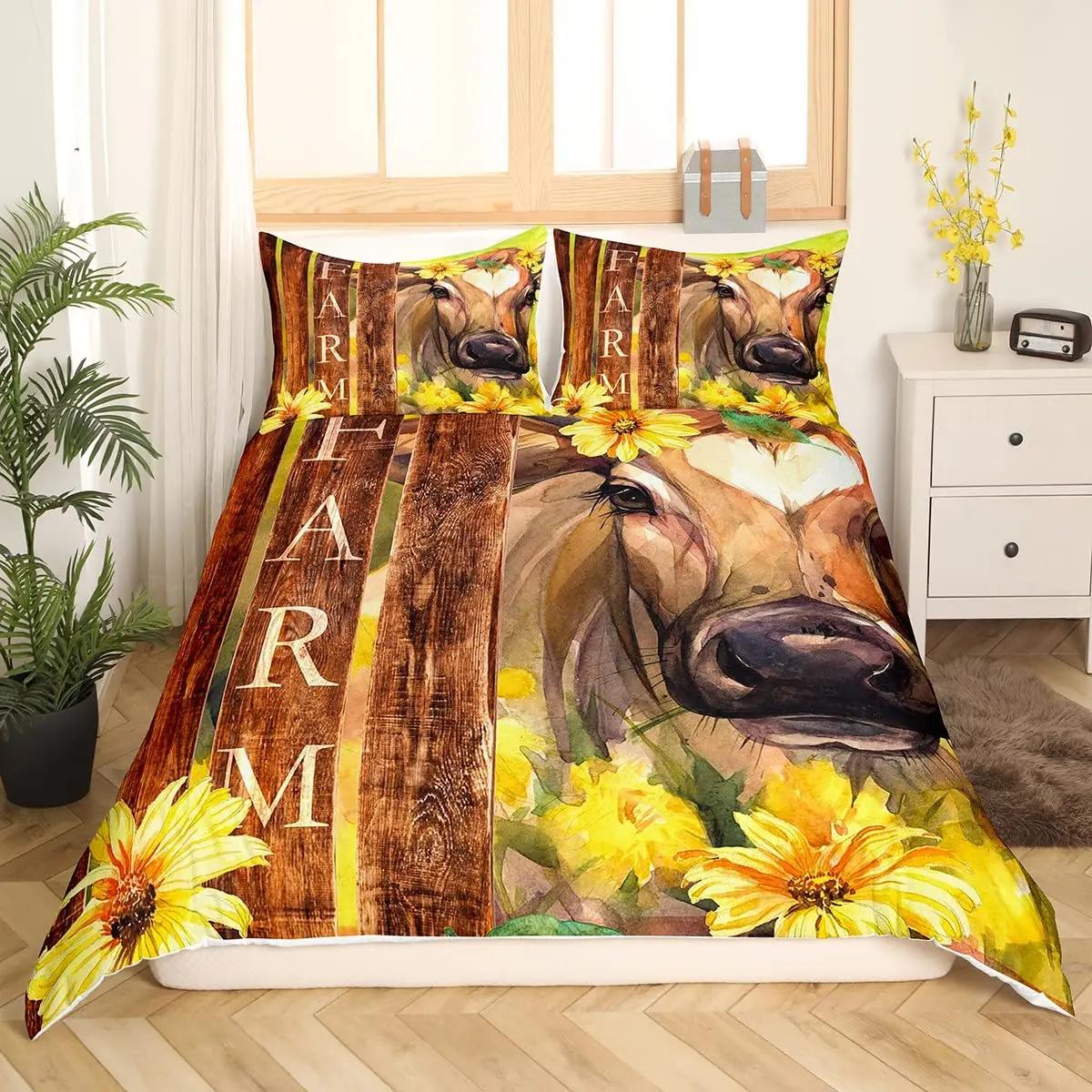 

Пододеяльник с изображением коровы Хайленд, комплект постельного белья с изображением коровы, двухспальный размер, желтый подсолнух, вестерн, забавное животное, корова, полиэстер, пододеяльник 70x133cm 2pcs
