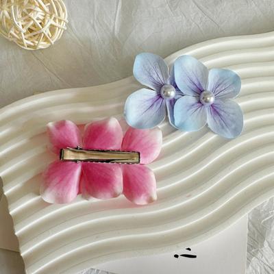 2 Peças Grampo de Cabelo de Verão Gradiente Hortênsia Design de Flor Dupla Embellishment de Pérola de Imitação Presilha de Cabelo Mechas Cabelo Lateral Acessório de Cabelo de Verão
