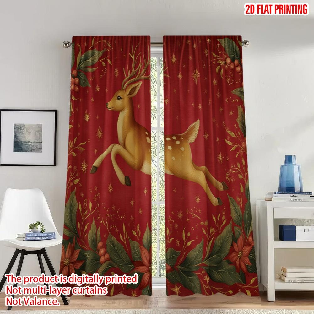 

2pcs 2D flat printing Merry Christmas Curtains Christmas Reindeer Holly Poinsettia Digital Printed Polyester Drapes Party & 100*130 HOOK 1pcs